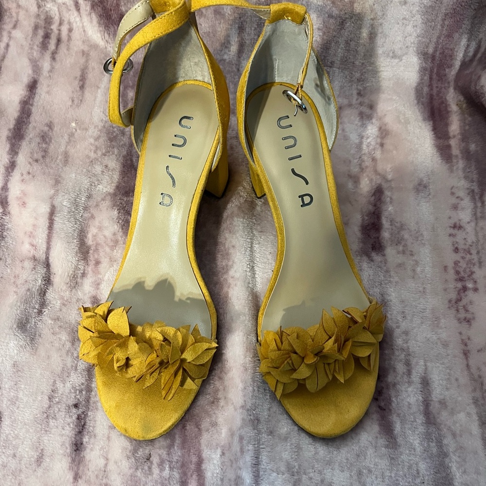 Unisa Mustard Floral Heeled Sandals